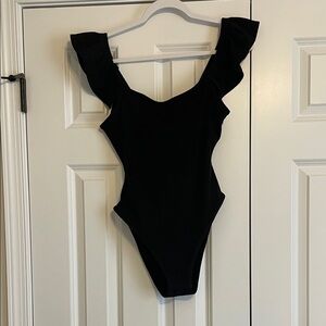 Black Ruffle-Shoulder Scoop Bodysuit